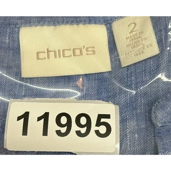 Chicos Top Womens 2 Large 12 Blue Chambray‎ 100% Linen 3/4 Sleeve Pockets Blouse - Picture 10 of 10